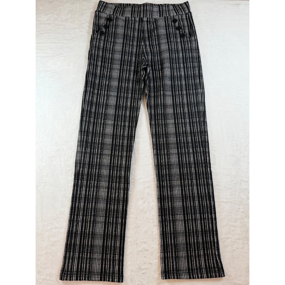 Betabrand Dress Pant Yoga Pants Large Black White Plaid Button Detail W1413-RAP